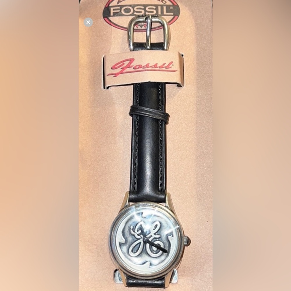 GENERAL ELECTRIC Authentic FOSSIL WATCH “GE” logo #PR-1004Japan w/BlkLeather